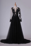 2024 Prom Dresses Scoop Long Sleeves Tulle With Slit And PL8XJQYF