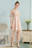 High Low A-Line Spaghetti Straps Ice Pink Lace Homecoming Dress