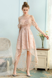 High Low A-Line Spaghetti Straps Ice Pink Lace Homecoming Dress