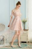 High Low A-Line Spaghetti Straps Ice Pink Lace Homecoming Dress