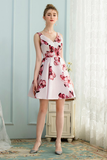 A-Line V-Neck White Floral-Printed Satin Short Homecoming Dress