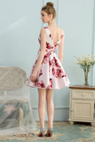 A-Line V-Neck White Floral-Printed Satin Short Homecoming Dress