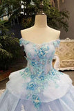 2024 Sky Blue Floral Wedding Dress Shiny Tulle Lace Off The Shoulder Lace Up With P8GMTLKM