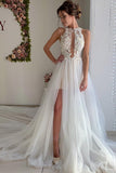 A Line Appliques Ivory Open Back Wedding Dresses Long Beach Bridal STKP2PKLXCG