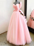 Charming Ball Gown Sweetheart Long Prom Dresses, Pink Sweet 16 Dress With Handmade Flowers STK15094