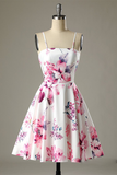 Short Pink Floral-Print Satin Homecoming Dress