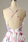 Short White Floral-Print Satin Homecoming Dress