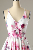 Short White Floral-Print Satin Homecoming Dress