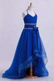 2024 Dark Royal Blue Halter A Line High Low Flower Girl Dresses Beaded PA9QX5CF