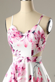 A-Line Straps Printed Short White Satin Homecoming Party Dress