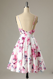 A-Line Straps Printed Short White Satin Homecoming Party Dress