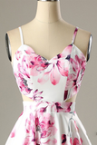 A-Line Straps Printed Short White Satin Homecoming Party Dress