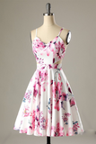 A-Line Straps Printed Short White Satin Homecoming Party Dress