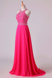 2024 Halter Prom Dresses Beaded Bodice Open Back A Line Chiffon & Tulle Sweep P6E45E5T