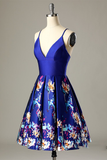 A-Line V-neck Spaghetti Straps Royal Blue Homecoming Dress