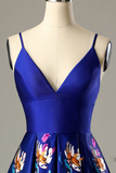 A-Line V-neck Spaghetti Straps Royal Blue Homecoming Dress