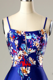 Sweet A-line Straps Short Printed Royal Blue Homecoming Dress