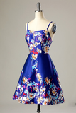 Sweet A-line Straps Short Printed Royal Blue Homecoming Dress