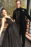 Charming A Line Black Spaghetti Straps Tulle V Neck Prom Dresses, Long Evening Dresses STK15501