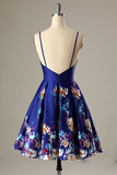 A-Line Spaghetti Straps Short Royal Blue Satin Homecoming Dress