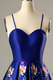 A-Line Spaghetti Straps Short Royal Blue Satin Homecoming Dress