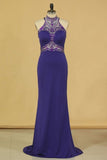 2024 Spandex High Neck Sweep Train Prom Dresses With Beading PHGP351H