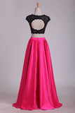 2024 Two Pieces Prom Dresses Scoop Open Back Satin & Lace PTG7CD76