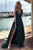 2024 V Neck A Line Satin Prom Dresses With Slit Sweep Train