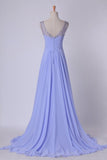 2024 V Neckline And Deep V Back Chiffon Long A Line Prom Dress With Beaded PZ3BCET3