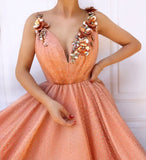 Charming Orange 3D Flowers Long Prom Dresses V-neck Tulle Cheap Evening Dresses STK15120