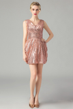 Sexy A-Line V-Neck Backless Short Pink Sequins Homecoming Dress