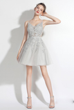 A-Line V-Neck Grey Homecoming Dress with Sash Appliques