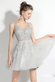 A-Line V-Neck Grey Homecoming Dress with Sash Appliques