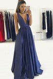 Simple Deep V-Neck Open Back Long Blue Prom Dresses