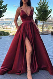 Simple A Line V-Neck Burgundy Split Prom Dresses