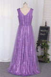 2024 Floor Length Bridesmaid Dresses Sequins & Tulle V Neck PXYZ7DDM