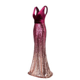 Sexy Sequins Mermaid V Neck Burgundy Velvet Long Prom Dresses Backless Evening Dress STK15352