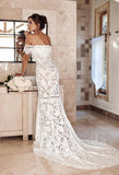 Elegant Off the Shoulder Ivory Lace Mermaid Beach Wedding Dress, Cheap Bridal Dress STK15188