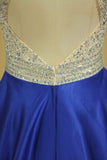 2024 Royal Blue Scoop Open Back Beaded Bodice A Line Prom Dresses Satin & Tulle PNTPD6G1