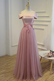 2024 Boat Neck Tulle With Applique Prom Dresses A Line P51Z8TLP