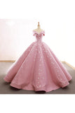 Ball Gown Off The Shoulder Satin Prom Dress With Appliques Long Quinceanera STKPDJZ6JB1