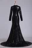 2024 Prom Dresses V Neck Long Sleeves Sequins Sweep PBYX8878