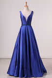 2024 Satin Prom Dresses Straps Beaded Waistline A Line P1LKZAJK