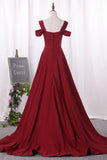 2024 Straps Satin A Line Evening Dresses Sweep Train Zipper Up