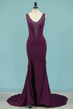 2024 Mermaid Prom Dresses V Neck Spandex With Beads PP4X7ZLQ