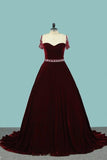 2024 Velvet A Line Spaghetti Straps Prom Dresses With Beading PCCGCPX4