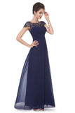 Elegant Lace Cap Sleeve Chiffon Evening Gowns Open Back Bateau Long Prom Dresses STK15170