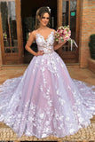 Ball Gown Spaghetti Straps V Neck Tulle Prom Dresses with Applique, Pink Wedding Dresses STK15069