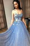 A-line Blue Spaghetti Straps Sweetheart Long Prom Dresses, Evening Dresses STK15048