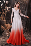 A-Line V-Neck Long Sleeve Ombre Red Lace Wedding Dress